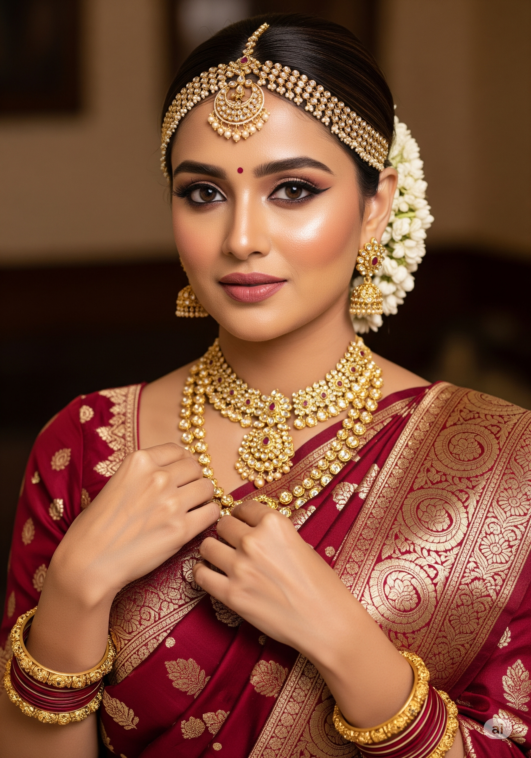 "Woman in traditional red saree wearing South Indian gold temple jewelry set at Druv Gold Shilvar and Dimand"