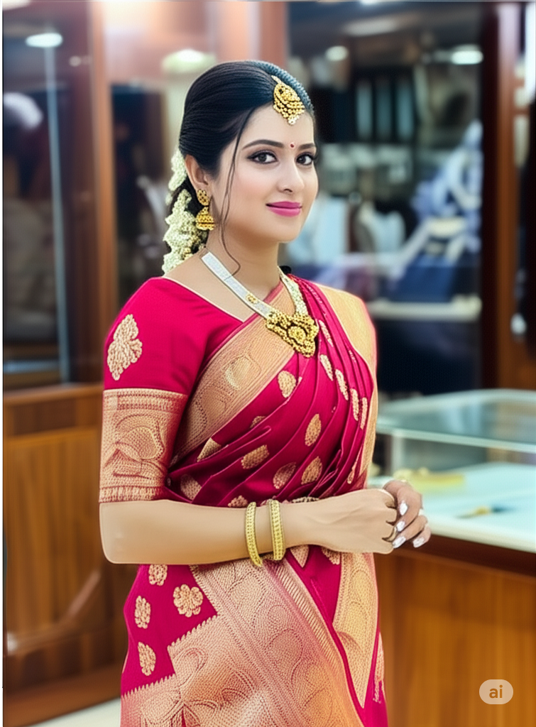 "Smiling woman in a red and gold kanjeevaram saree wearing lightweight temple jewelry set inside Druv Gold showroom"